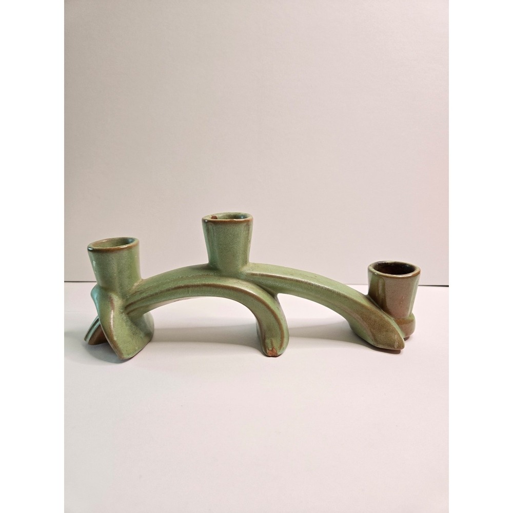 MCM Frankoma Lazy Bones Prarie Green Rare 3 Light Candleholder